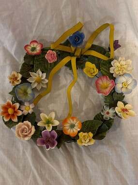 Vintage Tole Wreath With Spring Flowers Metal Bow, Bright Colors two small chips
